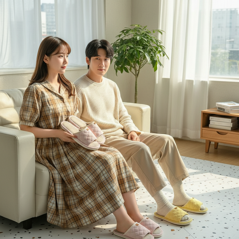 와플 린넨 거실용 실내화 커플용 남녀 실내 슬리퍼