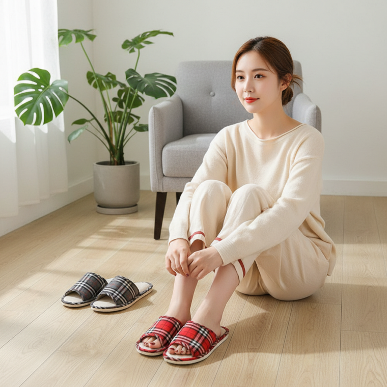 체크무늬 린넨 커플 거실용 남녀 실내화 슬리퍼