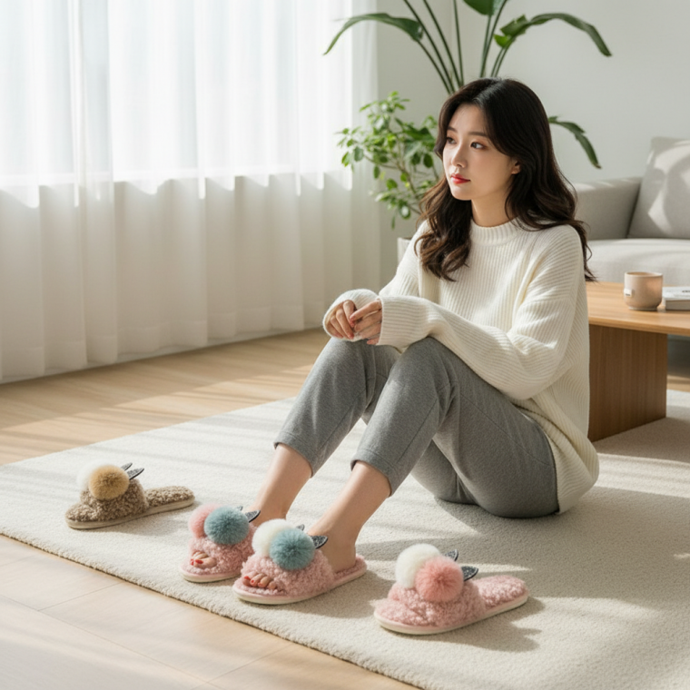 토끼 디자인 여성용 보송보송 실내 털 슬리퍼 사무실 거실용