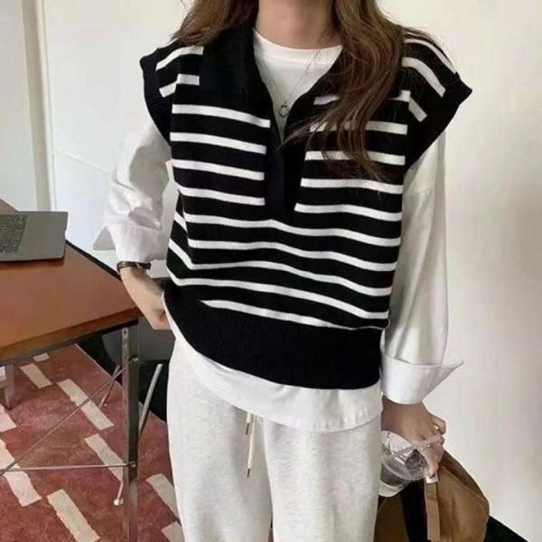 여성 줄무늬 패턴 스트라이프 니트 조끼 LK B030 가디건 여성 조끼 오버핏 니트 베스트