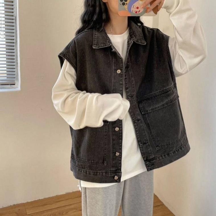 HL] 조끼 데님 워싱 여성 스트릿 무드 러닝조끼