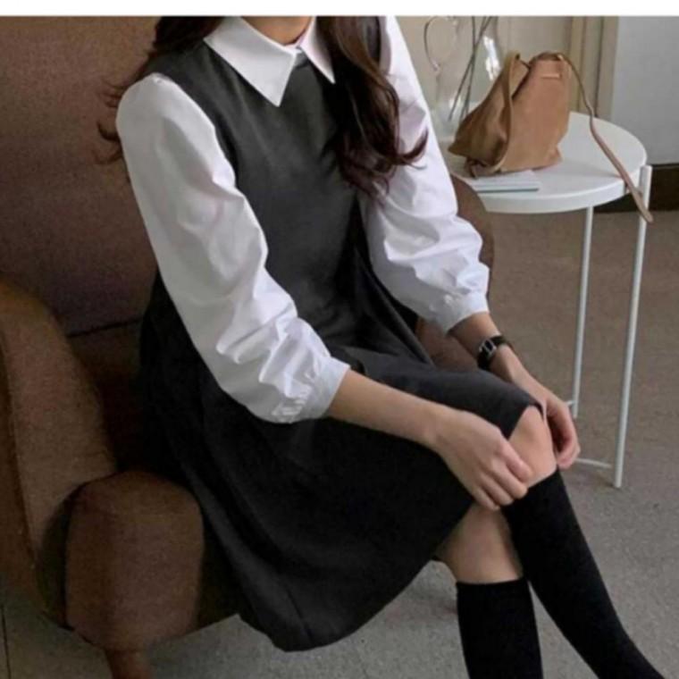 레이어드 클래식 베스트 원피스 라운드넥 조끼 미니원피스