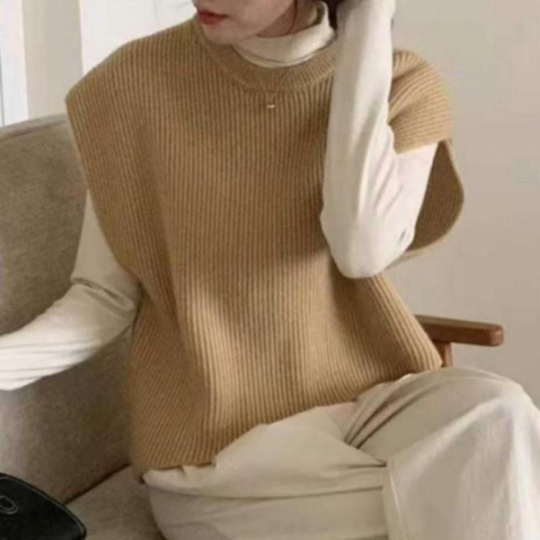여성 레이어드 니트 조끼 여자 가을 루즈핏 라운드넥 슬리브 베스트