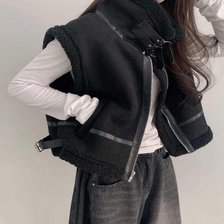3컬러 하이넥 스타일 보클 포인트 무스탕조끼