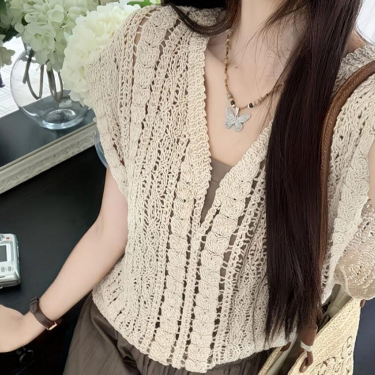 여성 시스루 뜨개질 레이어드 조끼 뷔스티에 브이넥 니트