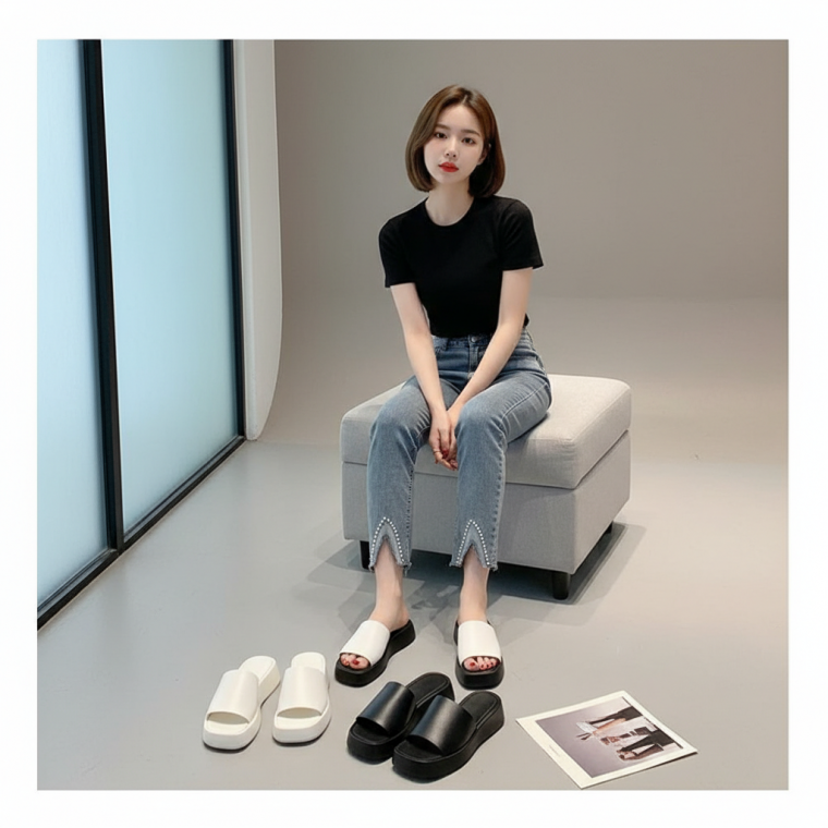 여성용 쿠션 슬립온 실내화 중굽 오피스 슈즈