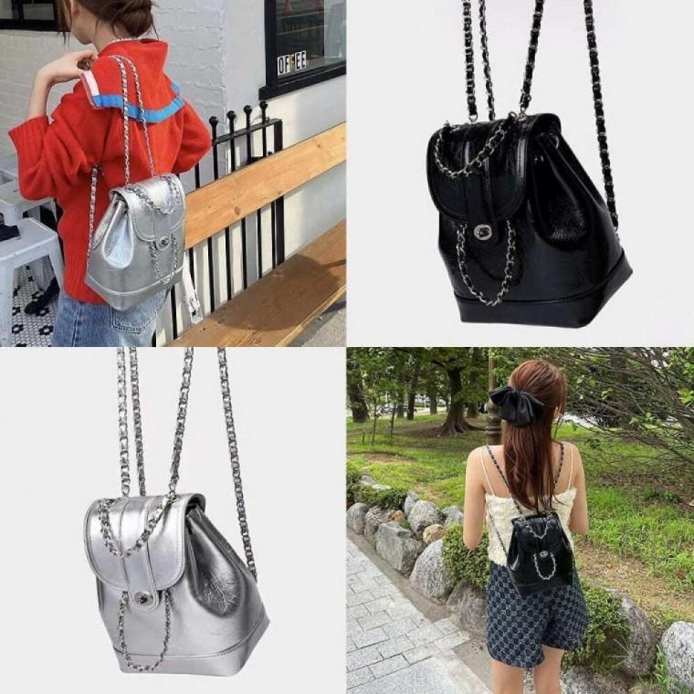 체인글로시백팩 여성 버킷 실버 데일리 유광 캐주얼 여행 백팩 직장인 캐주얼 책 패션잡화 가벼운 여성용