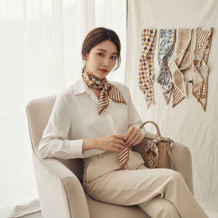 여성용 미니 스카프 목도리 쁘띠 숄 가방 리본 헤어밴드 액세서리