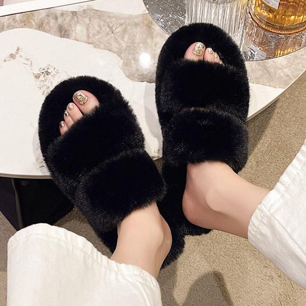 여성 더블 끈 털 실내화 데일리 캐주얼 슬리퍼 A716
