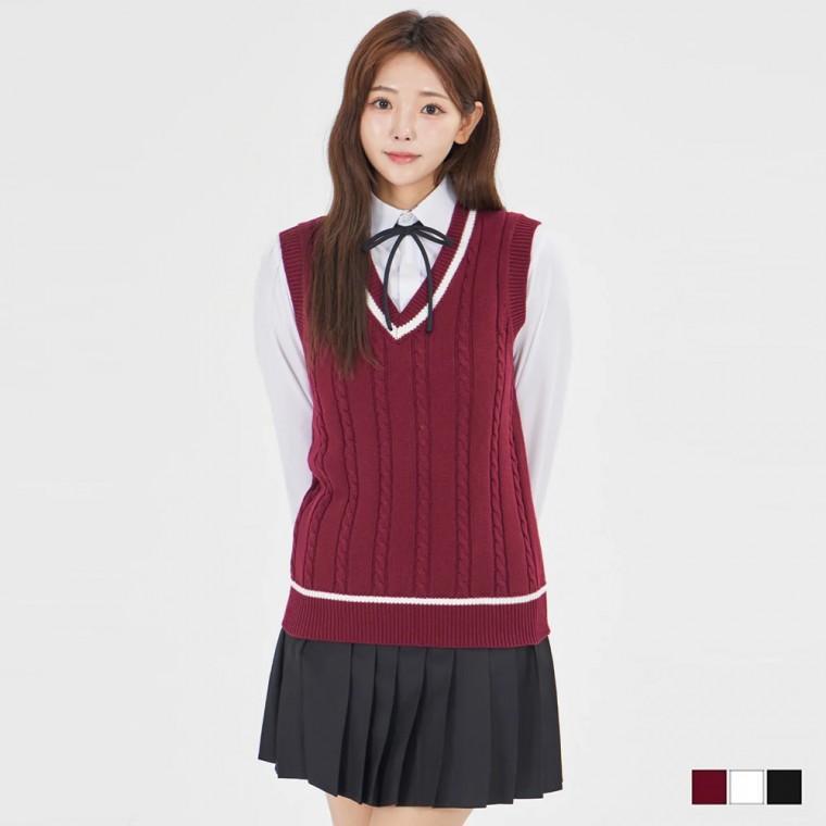 남녀공용 브이넥 꽈배기 니트 조끼(3color) 교복 학생