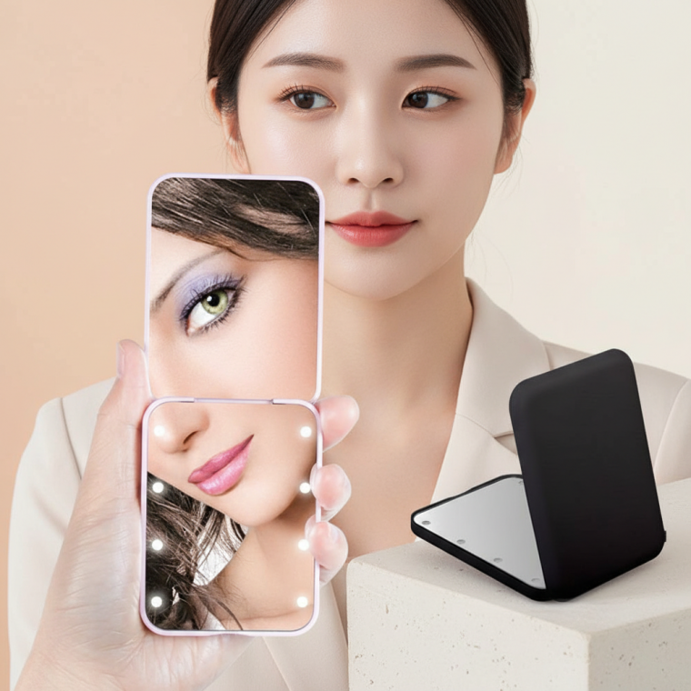 휴대용 LED 조명 접이식 양면 확대 화장 거울 2배 확대 메이크업 미러