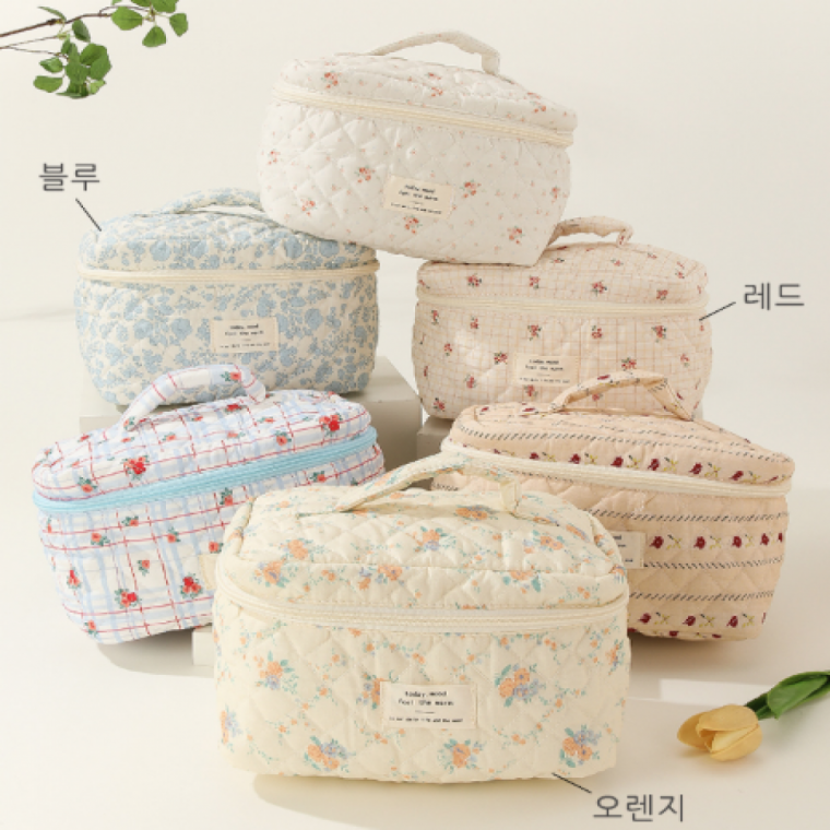 플라워 패턴 사각 손잡이 파우치 데일리 화장품 수납