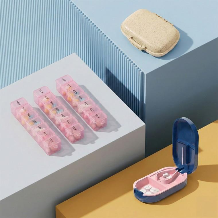 1주일 휴대용 약통 3개+휴대용 8칸 약통 1개+알약커팅기 1개 세트