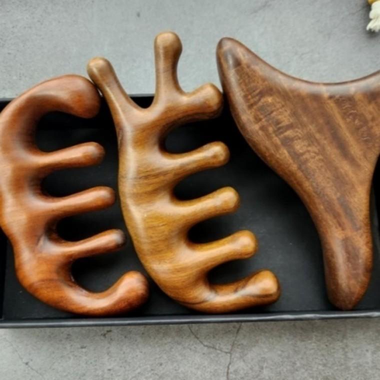 우드 바디 지압 두피 괄사마사지기 세트 백단향 3종