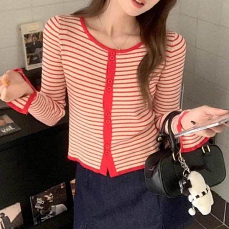 스트라이프가디건 롤업가디건 가디건 스트라이프 베이직 롤업 여성 겉옷