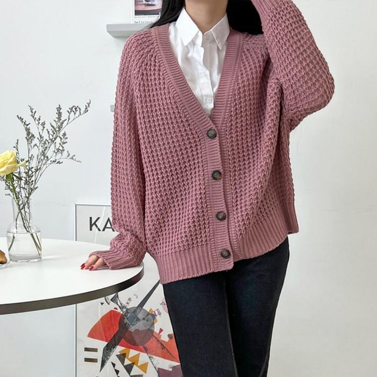 2LABB 1003 여자오버핏와플니트가디건 꽈배기 루즈핏 데일리 박디건 골지 박시 베이직 여성 봄 가디건 코트