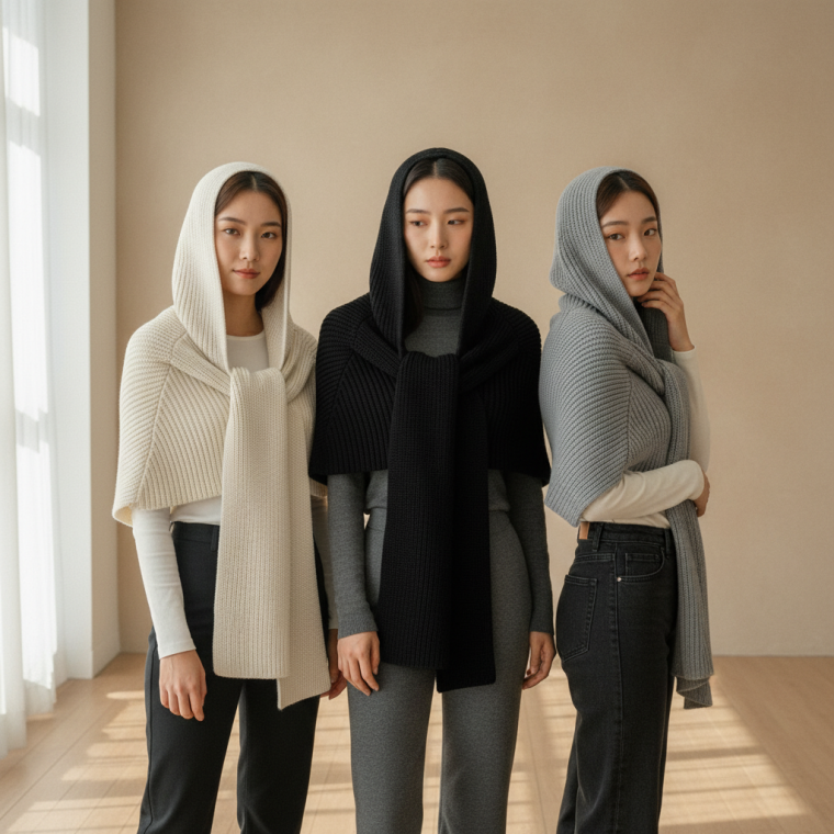 겨울용 후드 니트 숄 머플러 케이프 여성용 가디건 스카프