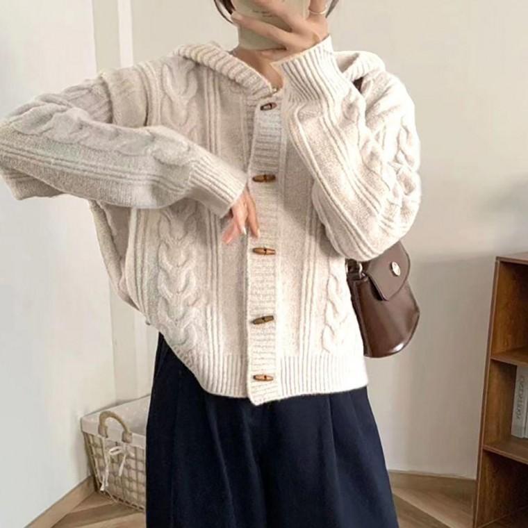 여성 떡뽁이 단추 꽈배기 패턴 데일리 후드 가디건