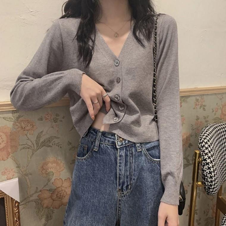 여성 브이넥 라인 크롭 기장 캐주얼 무지 짧은 가디건
