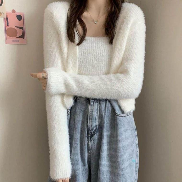 여성 슬림 부클 부드러운 털 나시 가디건 세트