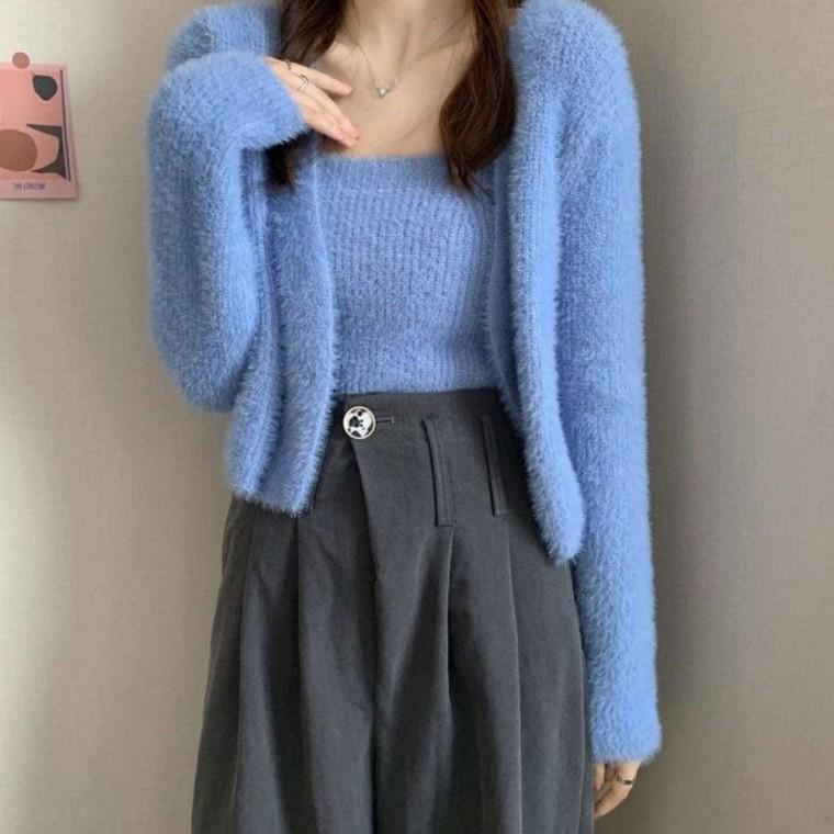여성 나시 니트 부드러운 따뜻한 털 아우터 이너 슬림 부클 가디건