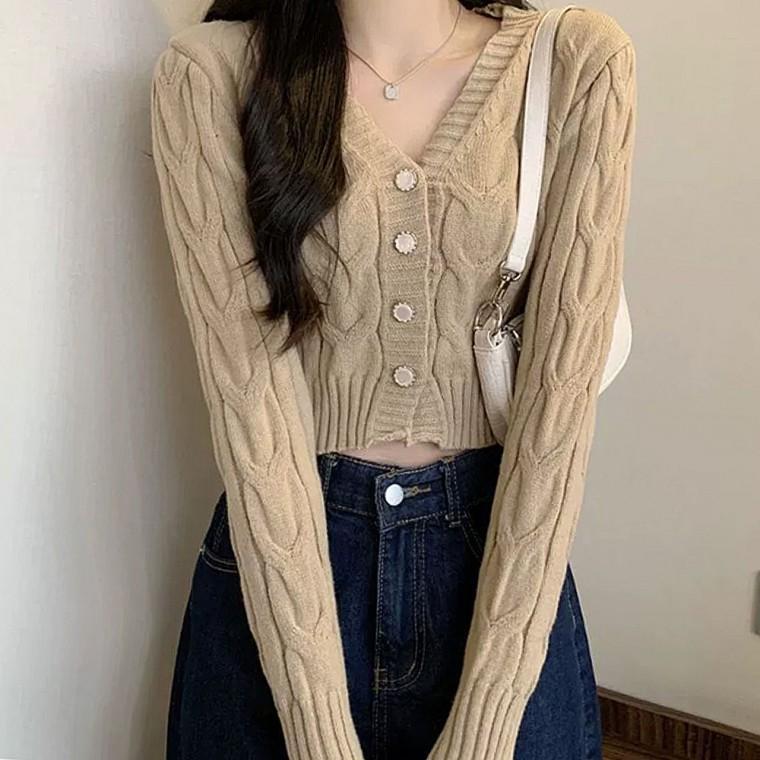 여성 브이넥 캐주얼룩 니트 크롭 가디건