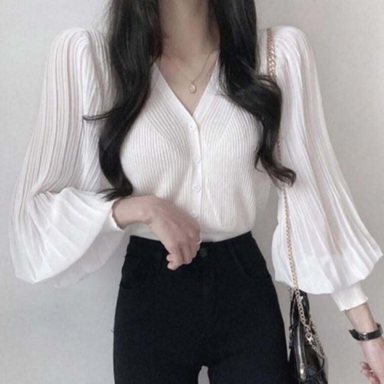 여성 긴팔 하객룩 오피스 브이넥 퍼프 가디건 블라우스