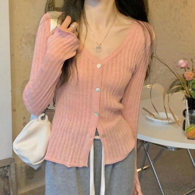 시스루 얇은 브이넥 여리핏 긴팔 니트 가디건