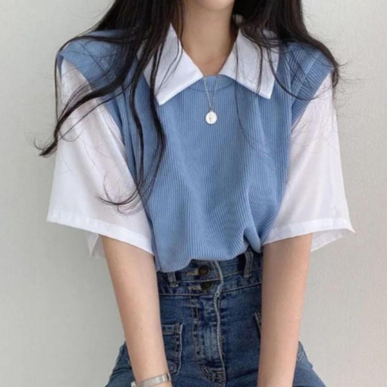 셔츠 니트 조끼 페이크 레이어드 반팔 블라우스 티셔츠