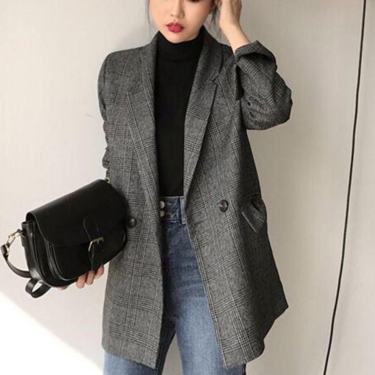 여성 아우터 간절기 더블 블레이져 정장 슬림핏 가을 소매 롤업 체크 자켓