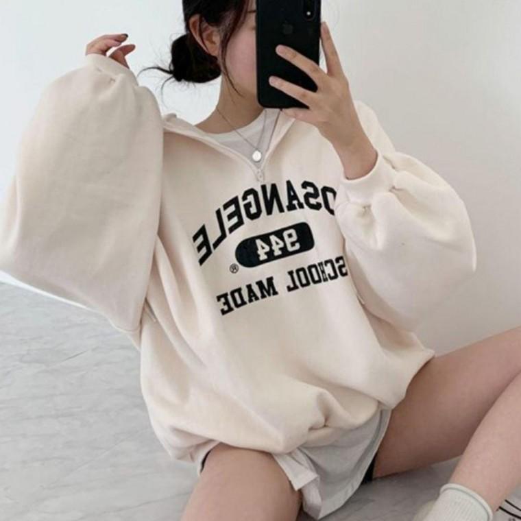 여성 캐주얼 긴팔 간절기 넉넉핏 여리여리 레터링 반집업 오버핏 후드티