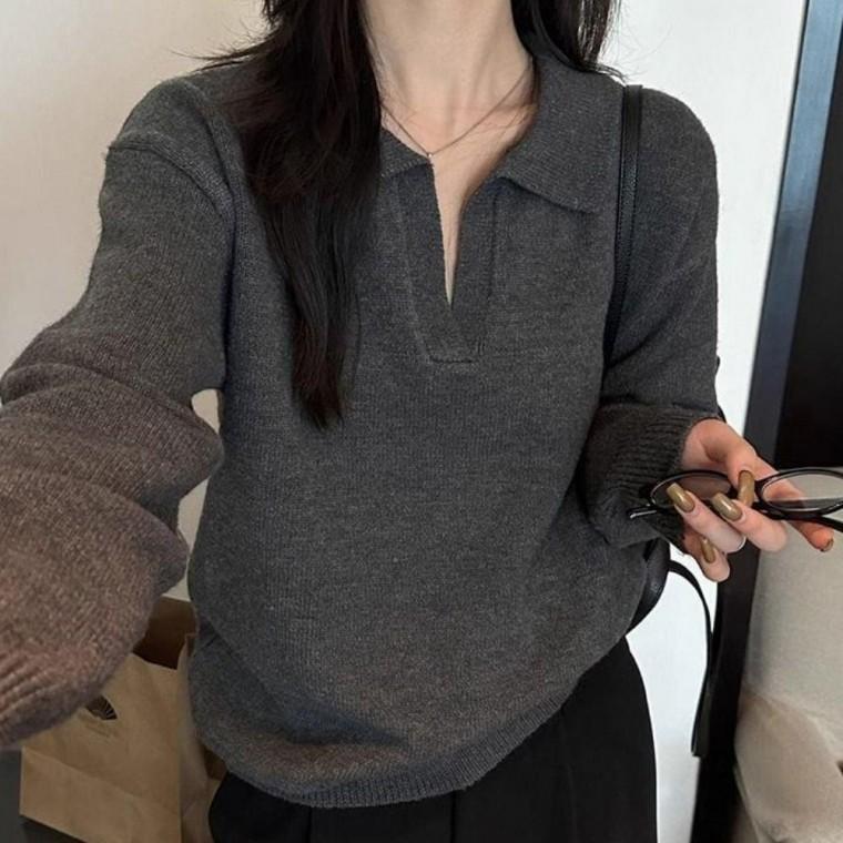 여성 봄가을 간절기 루즈핏 긴팔 티셔츠 카라 브이넥 데일리 소프트 니트
