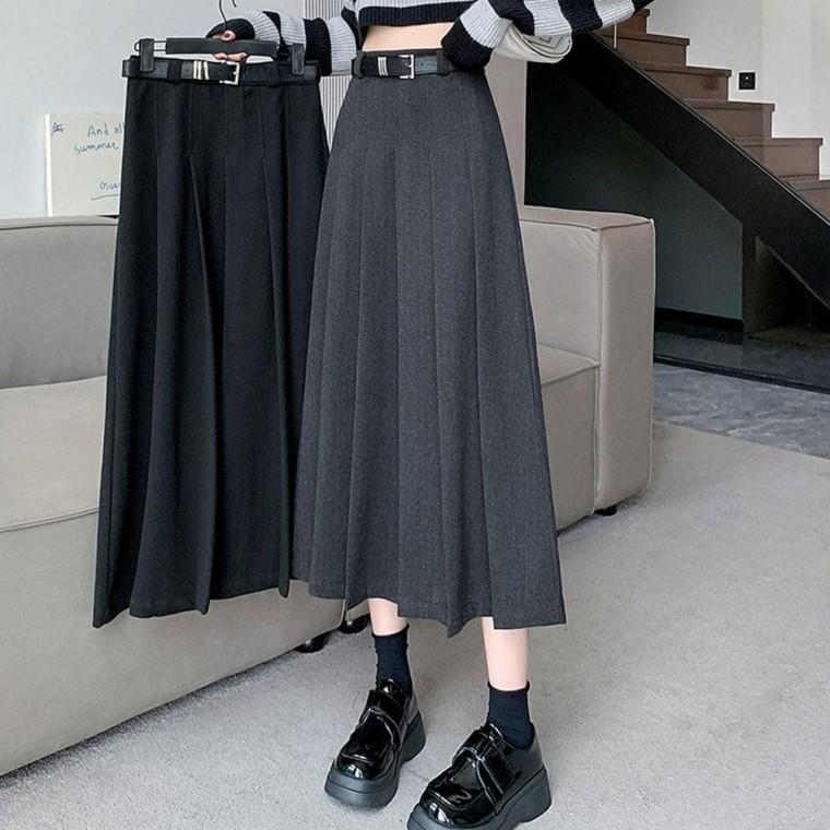 여성 간절기 고급스러운 모직 치마 플 벨트 A라인 니트 주름 롱 스커트