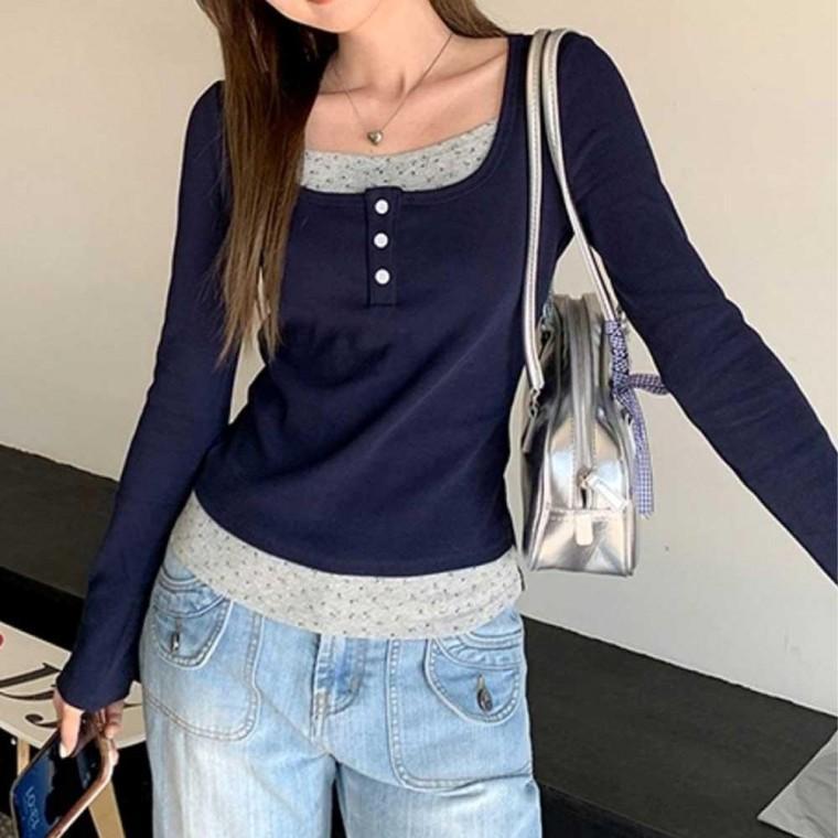 레이어드 포인트 단추 티숙 NM0132 간절기 티숙 쭉티 U넥 라운드티숙 사이즈 산 XL 라운드 흰색 여성 긴팔