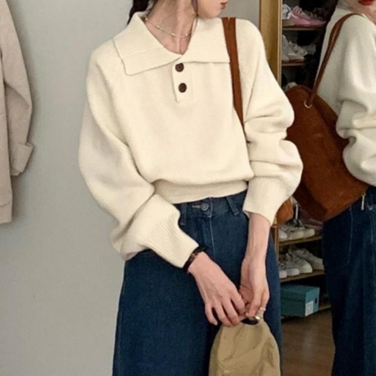 여성 겨울 간절기 스웨터 빅 카라 단추 포인트 니트