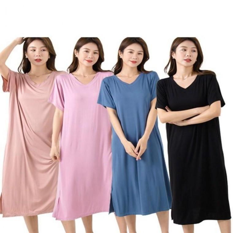 여성 여름 브이넥 롱 원피스 홈웨어 수면 모달 잠옷