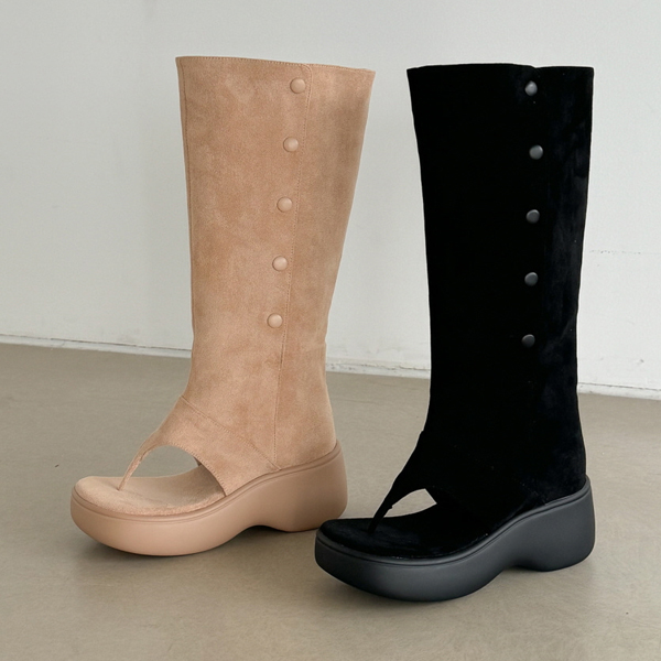 버튼 장식 플랫폼 토오픈 스트랩 캐주얼 통굽 롱부츠 여름부츠 쪼리부츠 6SS