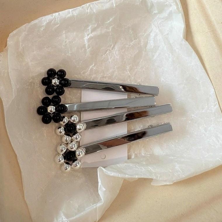 [지앤지] (2개입) 꽃 메탈 슬림 머리핀 헤어 세트 집게 고정 잔머리 삔 핀 가로 집게핀 실버 클립 봄 여름