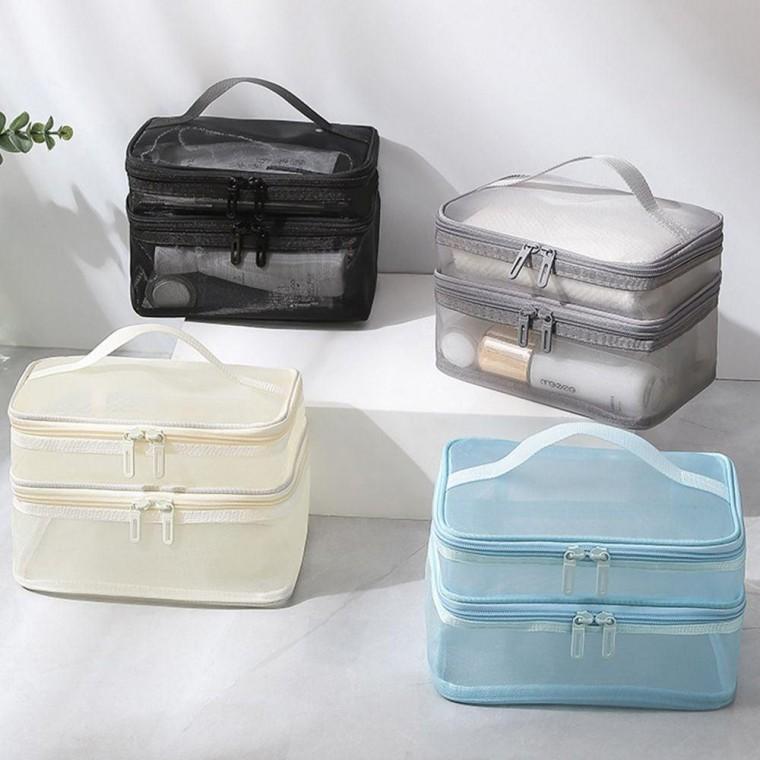 메쉬와이어파우치 이중 여행용 수납 화장품 정리