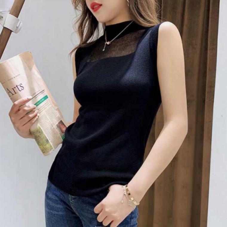 여성 슬림핏 정장 니트 망사 레이스 목폴라 나시 티셔츠