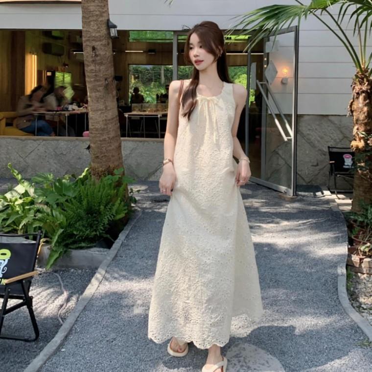 민소매 펀칭 스트링 리본 원피스 LLD177 원피스 홀터넥 가을 여성 민소매 사이즈 호캉스 원피스 나시 S 플