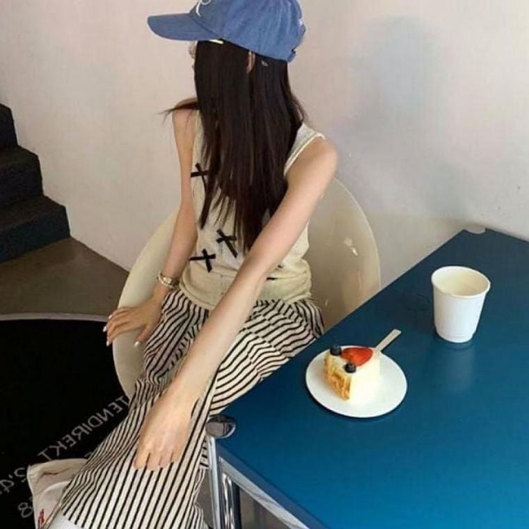 여성 리본 민소매 나시 니트 스트라이프 팬츠 상하의세트