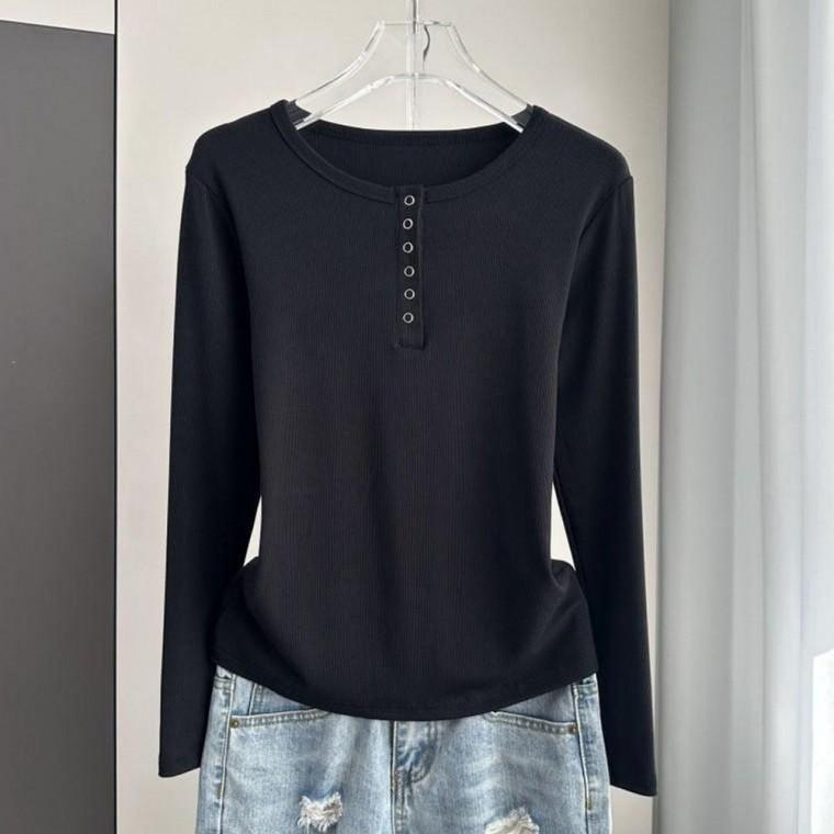 이너상의 얇은 긴팔 날씬 티셔츠 3 긴팔 날씬 라운드 티셔츠 골지 여성 단추 이너 슬림핏