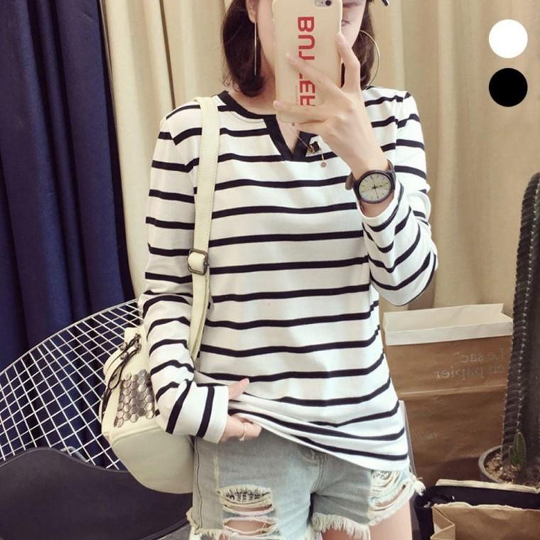 여성 브이넥 캐주얼 패션 줄무늬 스트라이프 티셔츠 여자 긴팔 긴팔티 단가라 라운드
