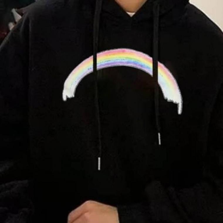 도톰한 티셔츠 기모 레인보우 프린팅 후드티