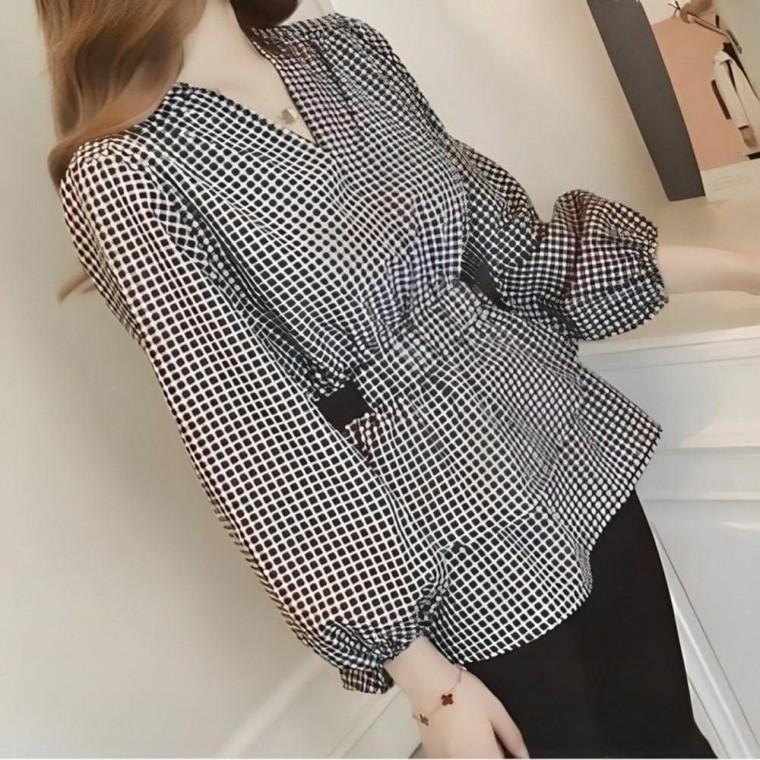 여성 빅사이즈 허리 라인 밴딩 체크 블라우스 2 의류 로미홀리 블라우스 티셔츠 여성