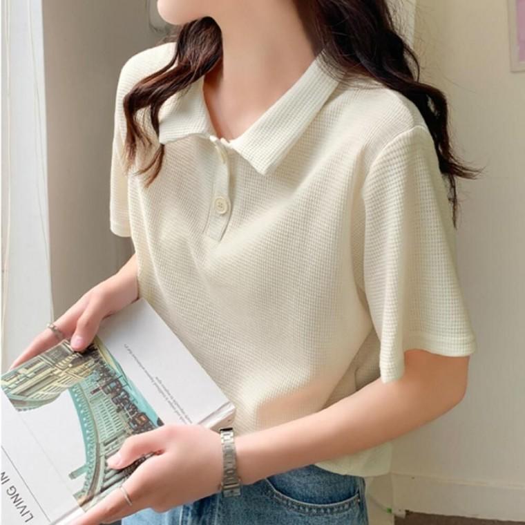 와플 짜임 패턴 세련된 카라 디자인 여성 반팔 티셔츠