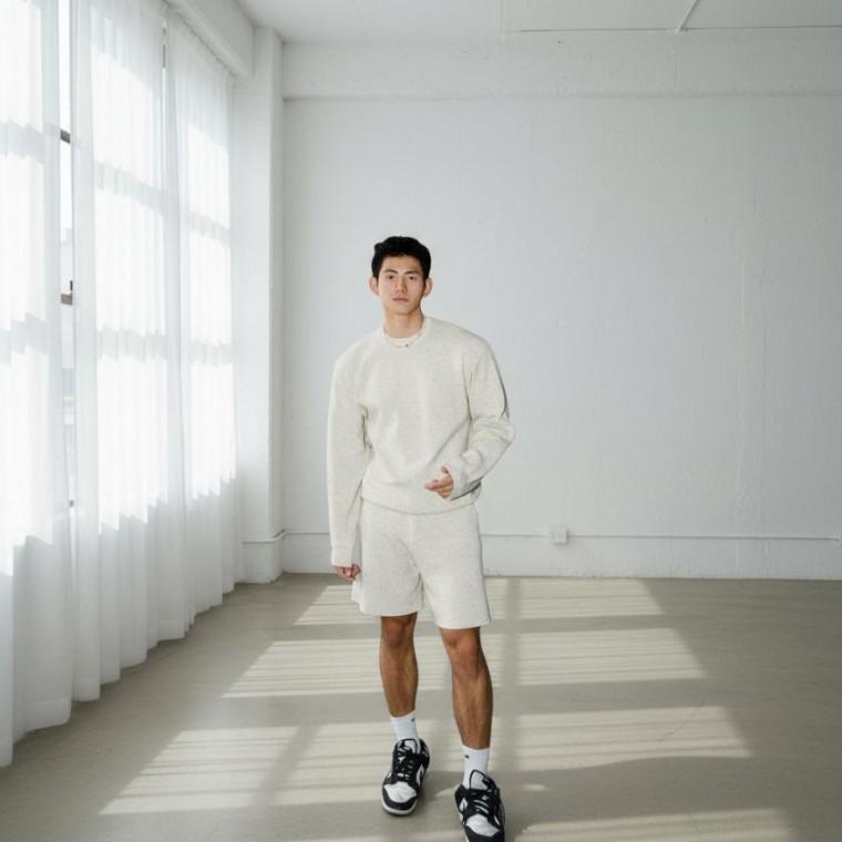 에노브 남자 니트 셋업 오버핏 라운드 긴팔니트 티셔츠 반바지 트레이닝 세트 네프맨투맨 오트밀