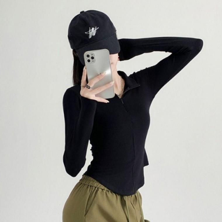 집업 슬림핏 긴팔 반목 크롭 집업 티셔츠