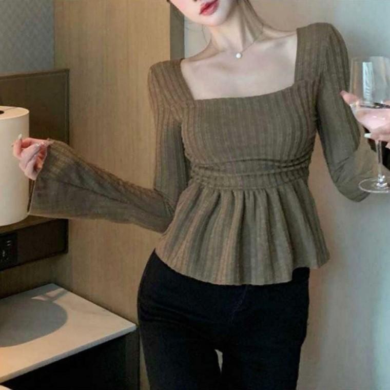 여성 스퀘어넥 긴팔 슬림핏 A라인 블라우스 여리 티셔츠 2색